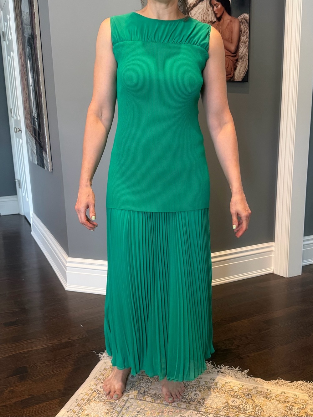Anthropologie Vibrant Green Pleated Maxi Dress with V-Back